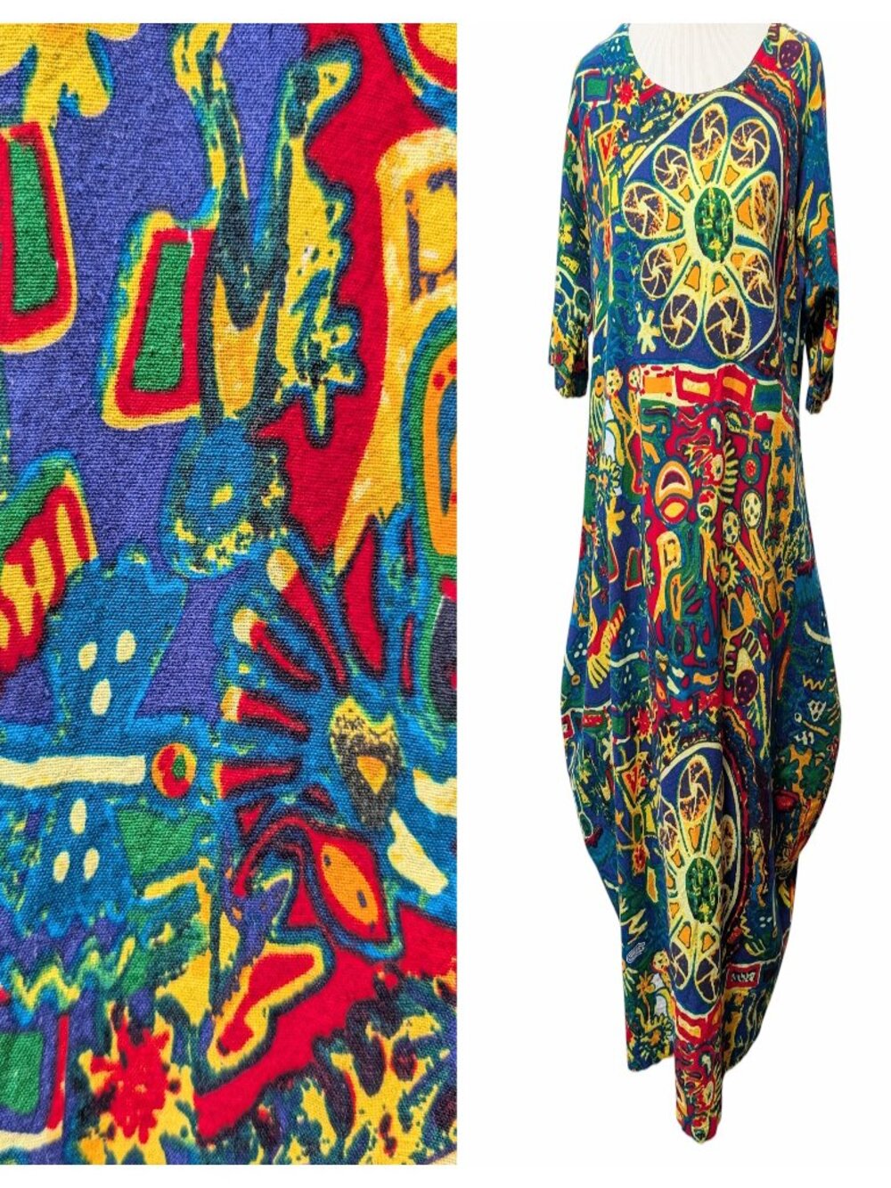 Romacci Womens Size L Colorful Abstract Art Bohemian Pockets Cotton Cocoon Dress